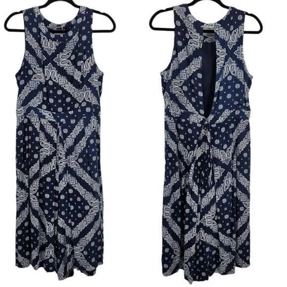 Elsey Dress Womens L Bandana Sleeveless Aline Midi Open Back Pockets Navy - Picture 1 of 13